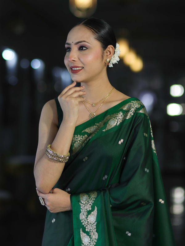 Banarasee Handloom Semi Silk Saree With Sona Rupa Zari Buti Design & Floral Border-Deep Green