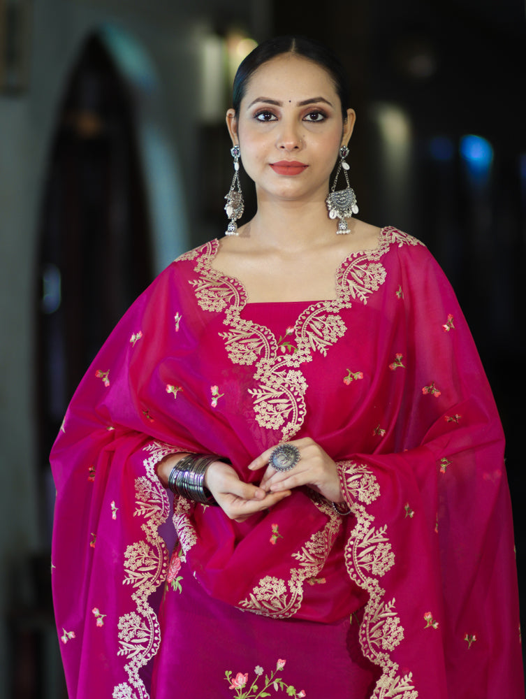 Banarasee Resham Embroidered Chanderi Salwar Kameez With Organza Dupatta Set-Magenta