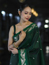 Banarasee Handloom Semi Silk Saree With Sona Rupa Zari Buti Design & Floral Border-Deep Green