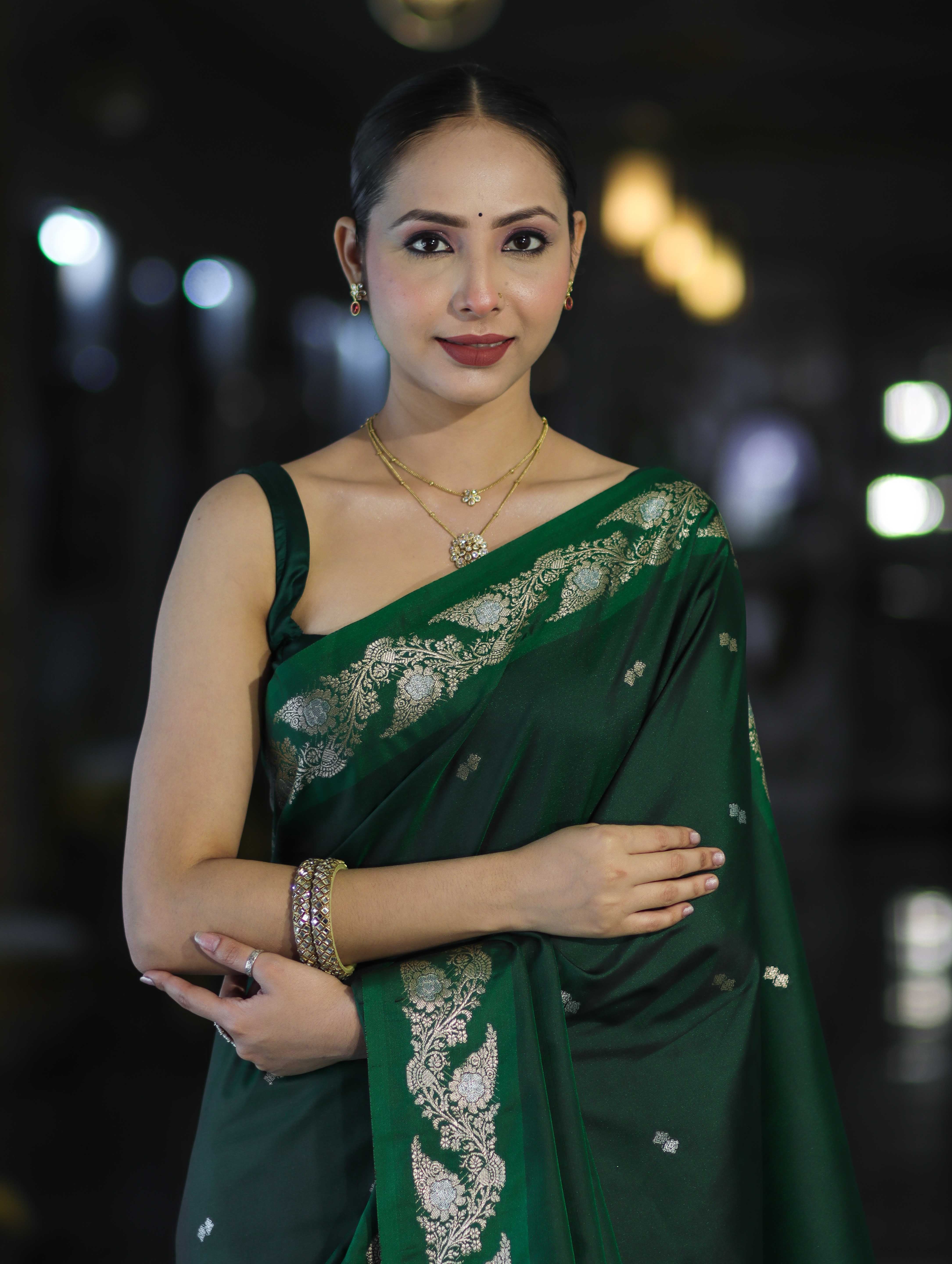 Banarasee Handloom Semi Silk Saree With Sona Rupa Zari Buti Design & Floral Border-Deep Green