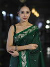 Banarasee Handloom Semi Silk Saree With Sona Rupa Zari Buti Design & Floral Border-Deep Green