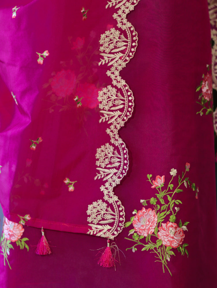 Banarasee Resham Embroidered Chanderi Salwar Kameez With Organza Dupatta Set-Magenta