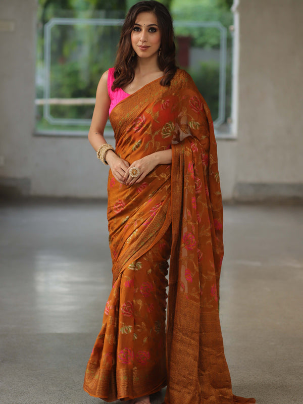 Banarasee Chiffon Floral Zari Jaal & Border Saree-Rust