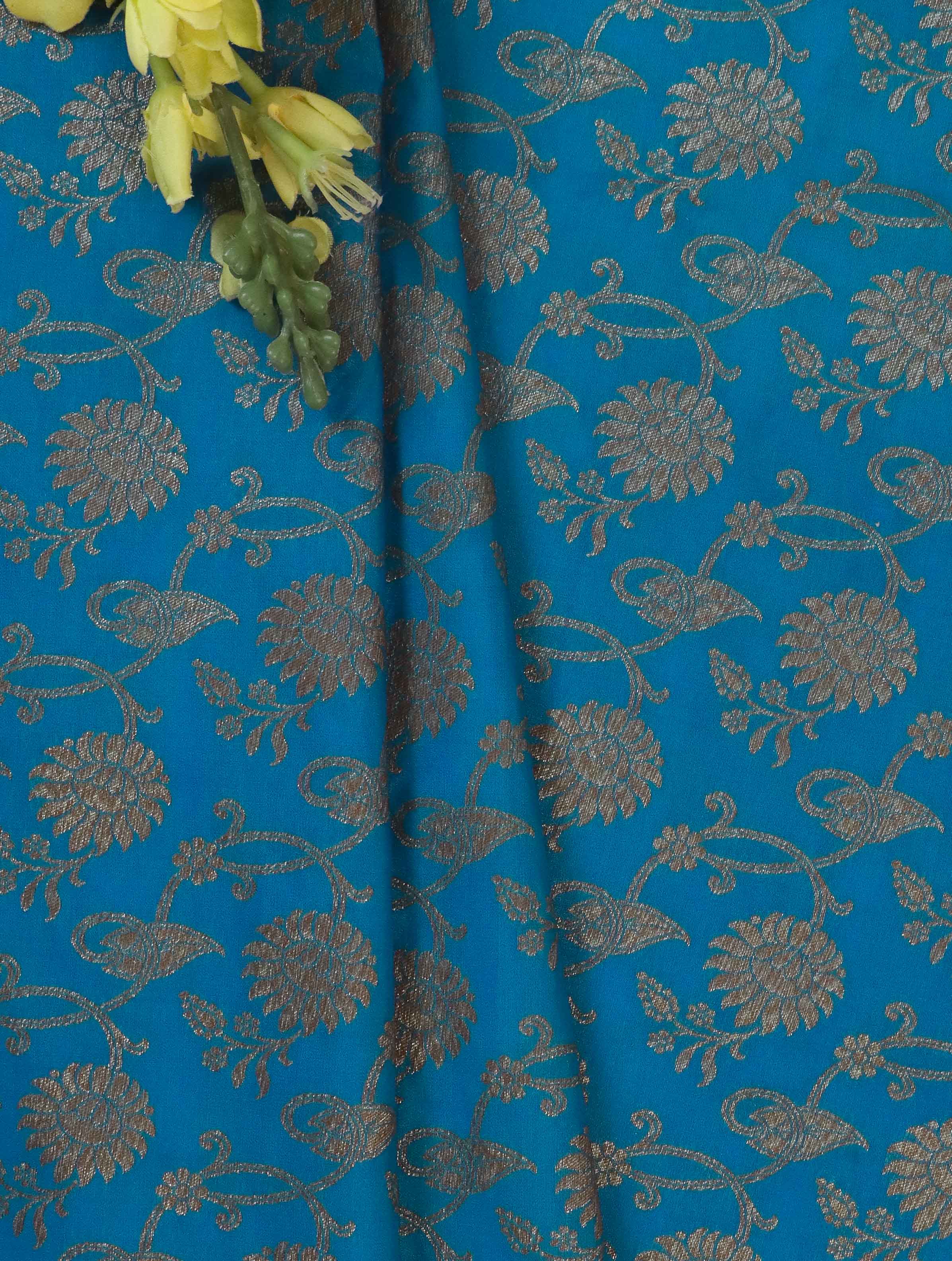 Banarasee Semi Katan Antique Zari Jaal Fabric-Blue