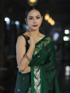 Banarasee Handloom Semi Silk Saree With Sona Rupa Zari Buti Design & Floral Border-Deep Green