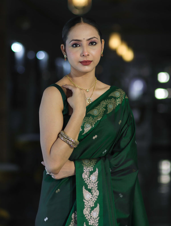 Banarasee Handloom Semi Silk Saree With Sona Rupa Zari Buti Design & Floral Border-Deep Green