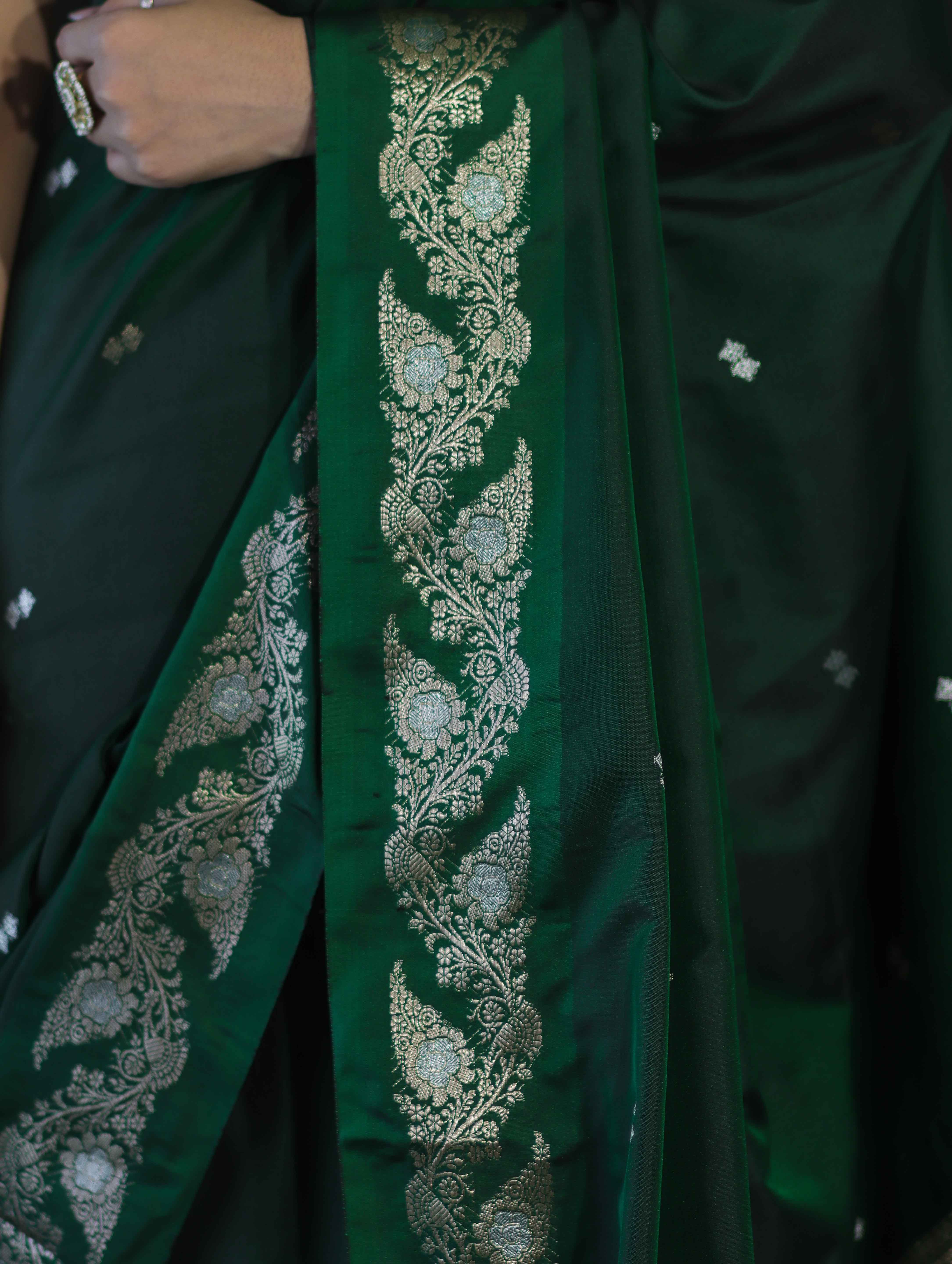 Banarasee Handloom Semi Silk Saree With Sona Rupa Zari Buti Design & Floral Border-Deep Green