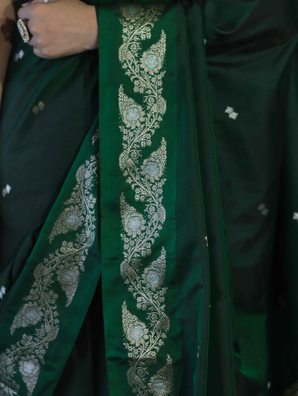Banarasee Handloom Semi Silk Saree With Sona Rupa Zari Buti Design & Floral Border-Deep Green