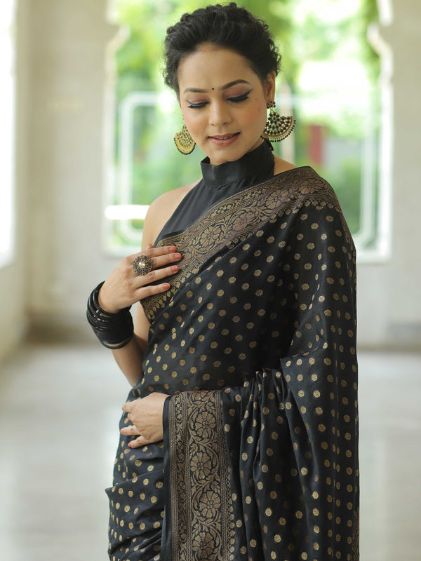 Banarasee Semi-Chiffon Saree With Antique Gold Zari Work-Black