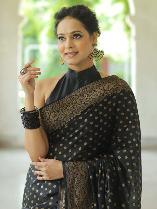 Banarasee Semi-Chiffon Saree With Antique Gold Zari Work-Black