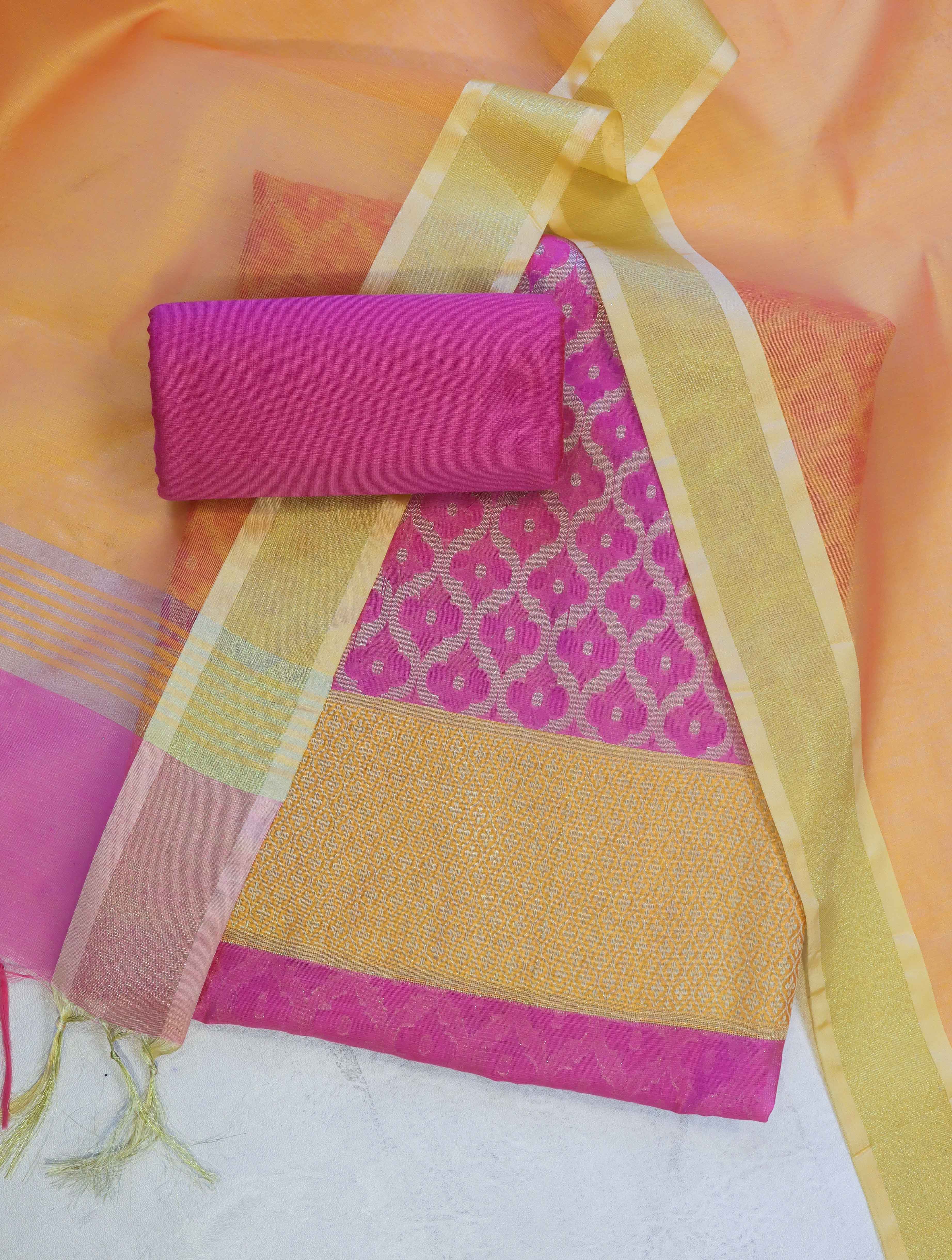 Banarasee Cotton Silk Zari Jaal Work Salwar Kameez Fabric With Contrast Dupatta Set-Pink & Orange