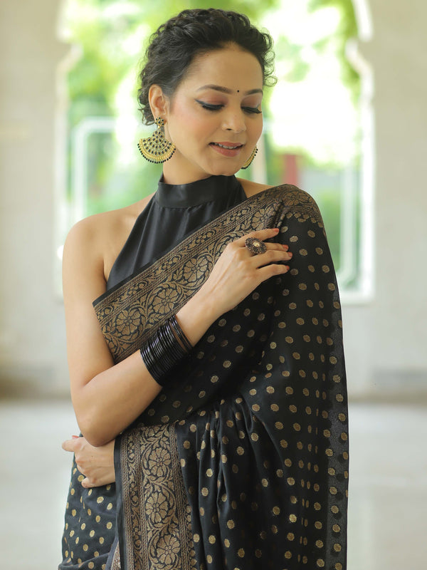 Banarasee Semi-Chiffon Saree With Antique Gold Zari Work-Black