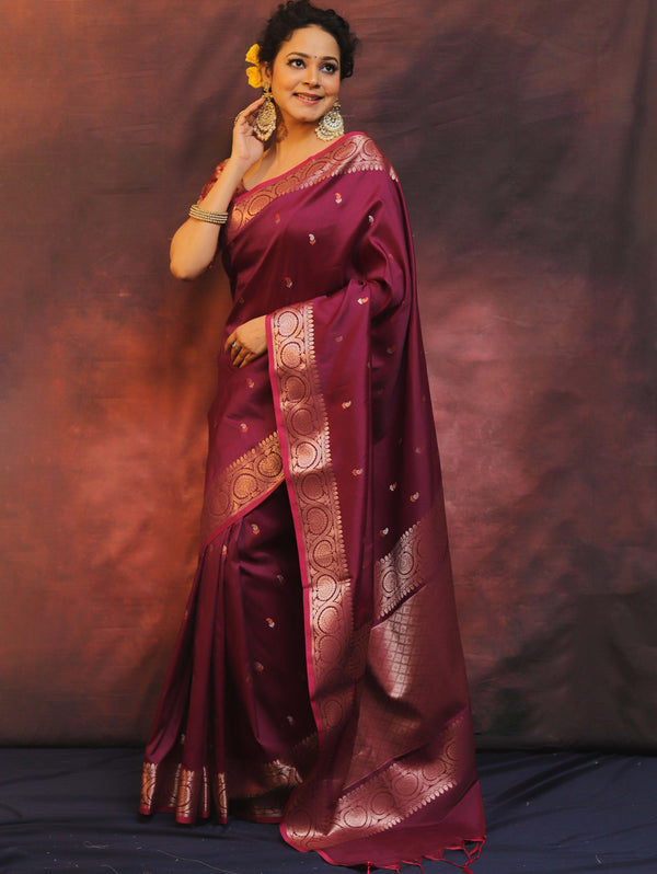 Banarasee Handwoven Semi Silk Saree With Zari Buti Design-Purple (Dual Tone)