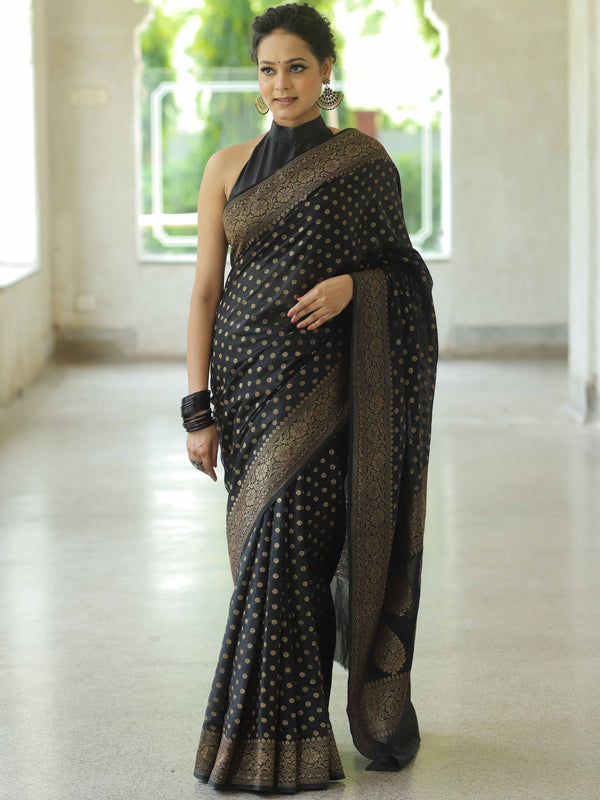 Banarasee Semi-Chiffon Saree With Antique Gold Zari Work-Black