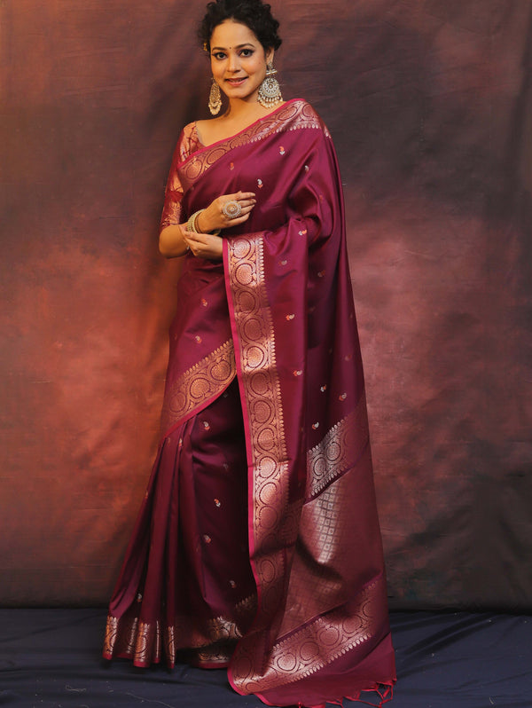 Banarasee Handwoven Semi Silk Saree With Zari Buti Design-Purple (Dual Tone)