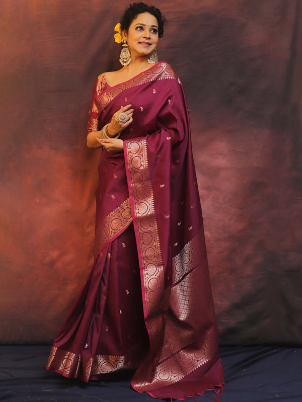 Banarasee Handwoven Semi Silk Saree With Zari Buti Design-Purple (Dual Tone)