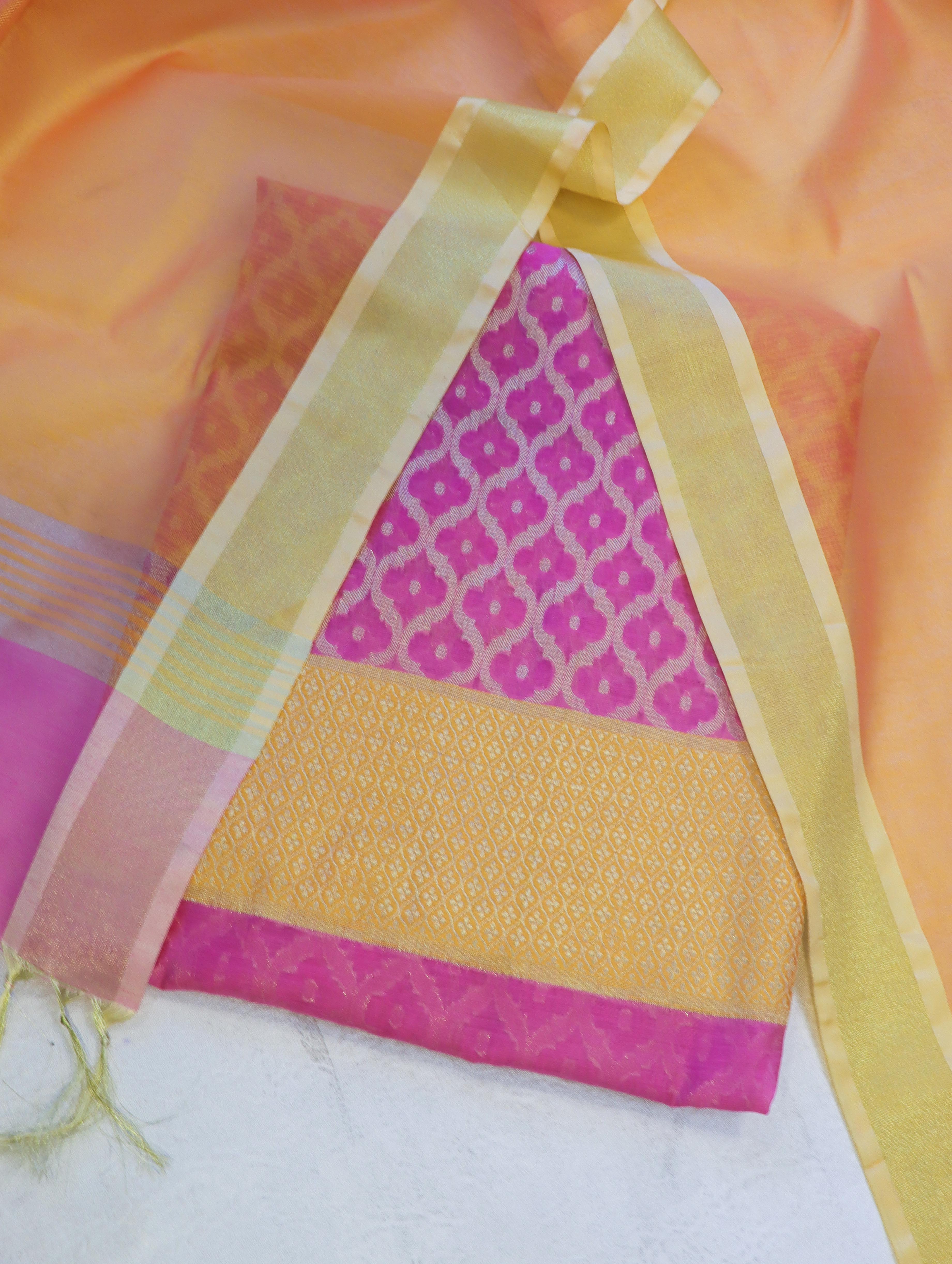 Banarasee Cotton Silk Zari Jaal Work Salwar Kameez Fabric With Contrast Dupatta Set-Pink & Orange