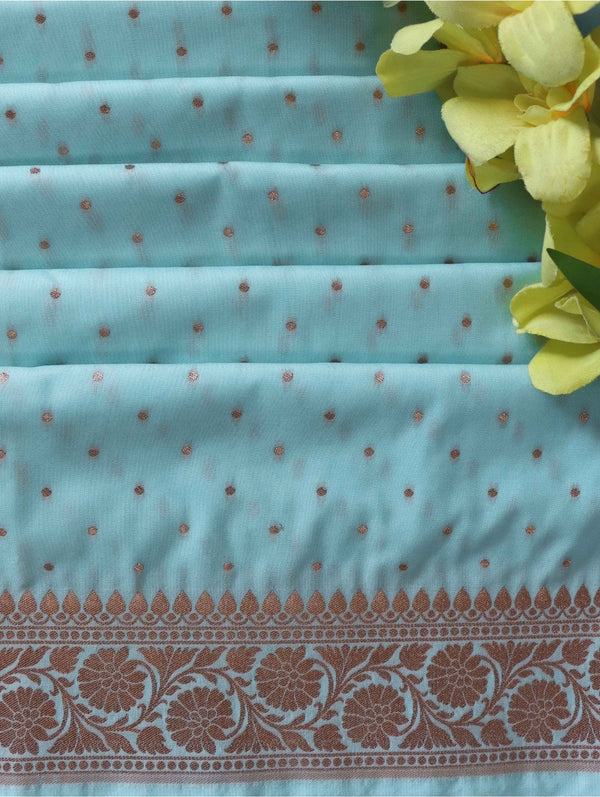 Banarasee Semi Katan Silk Antique Zari Buti Fabric-Pastel Blue