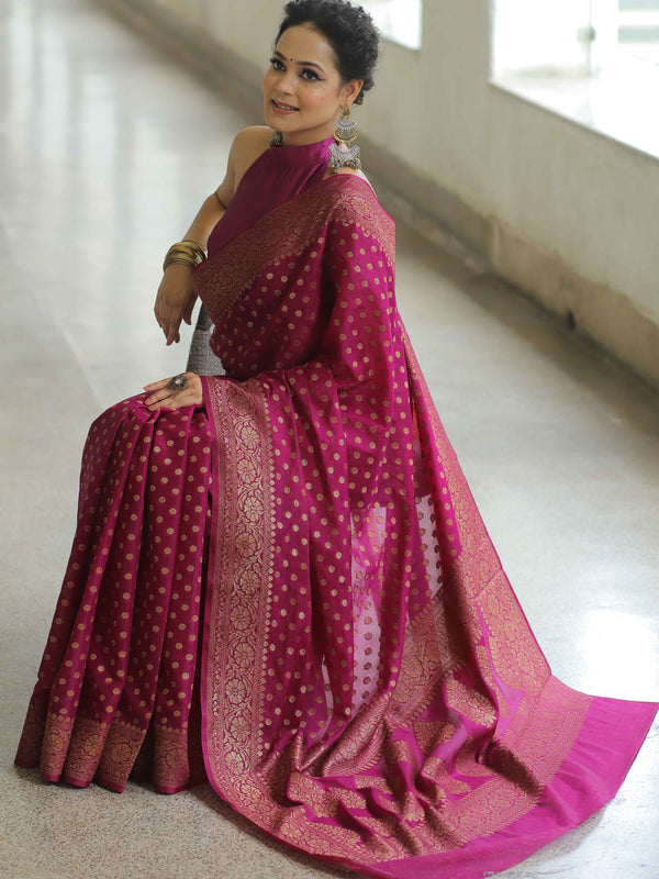 Banarasee Semi-Chiffon Saree With Antique Gold Zari Work-Magenta