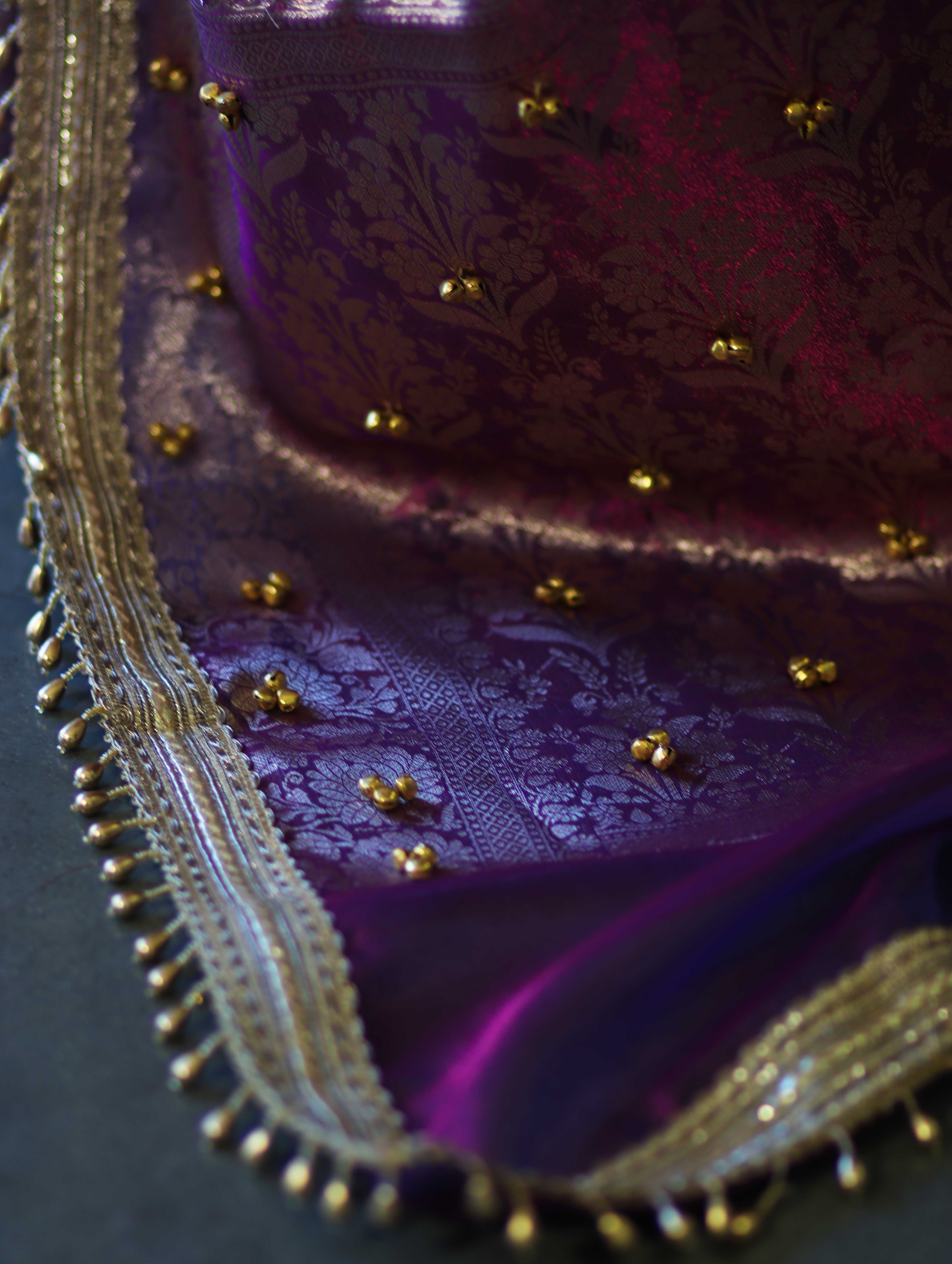Banarasee Handwoven Tissue Saree With Embroidered Ghungroo Work-Violet