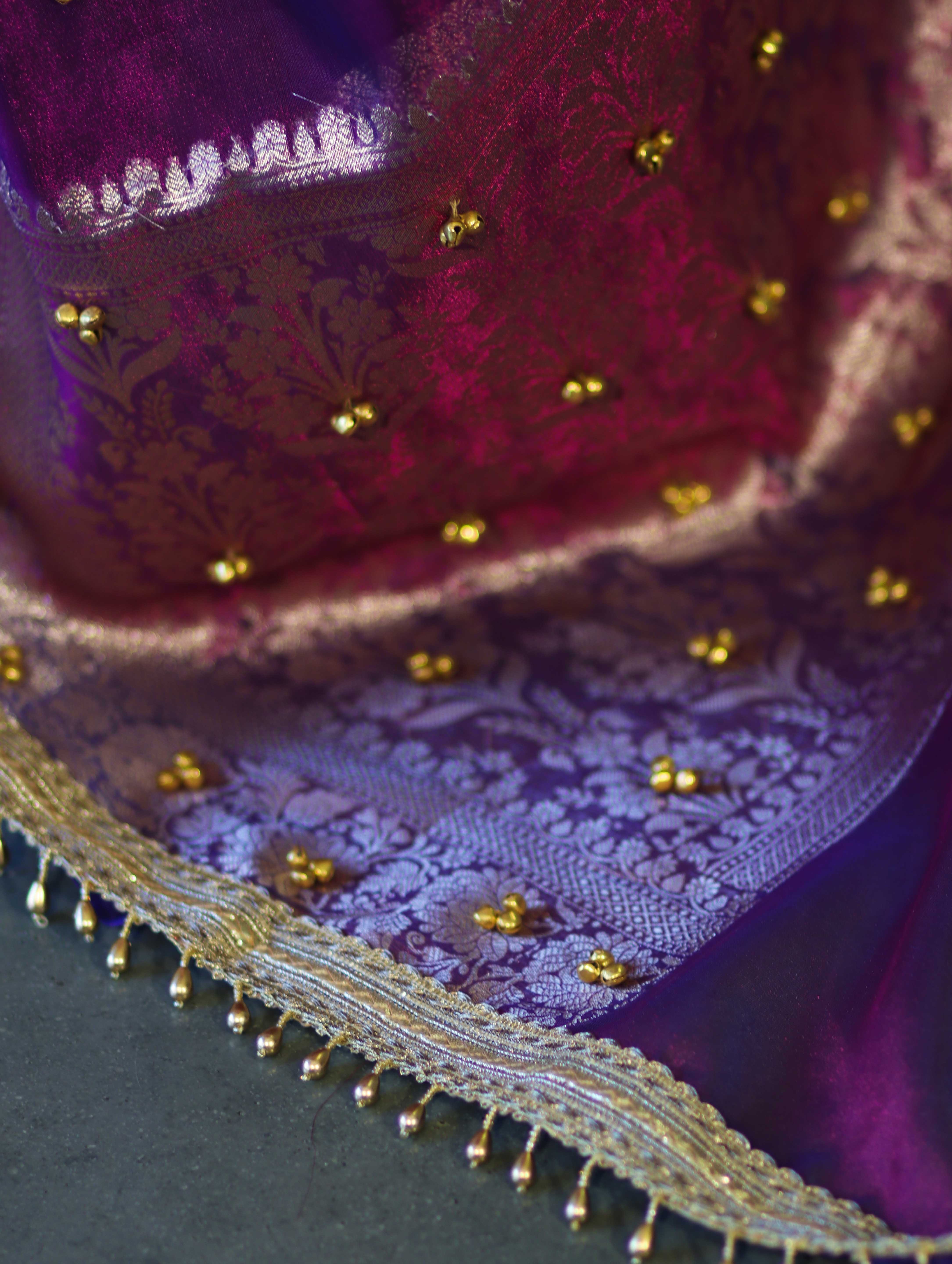 Banarasee Handwoven Tissue Saree With Embroidered Ghungroo Work-Violet