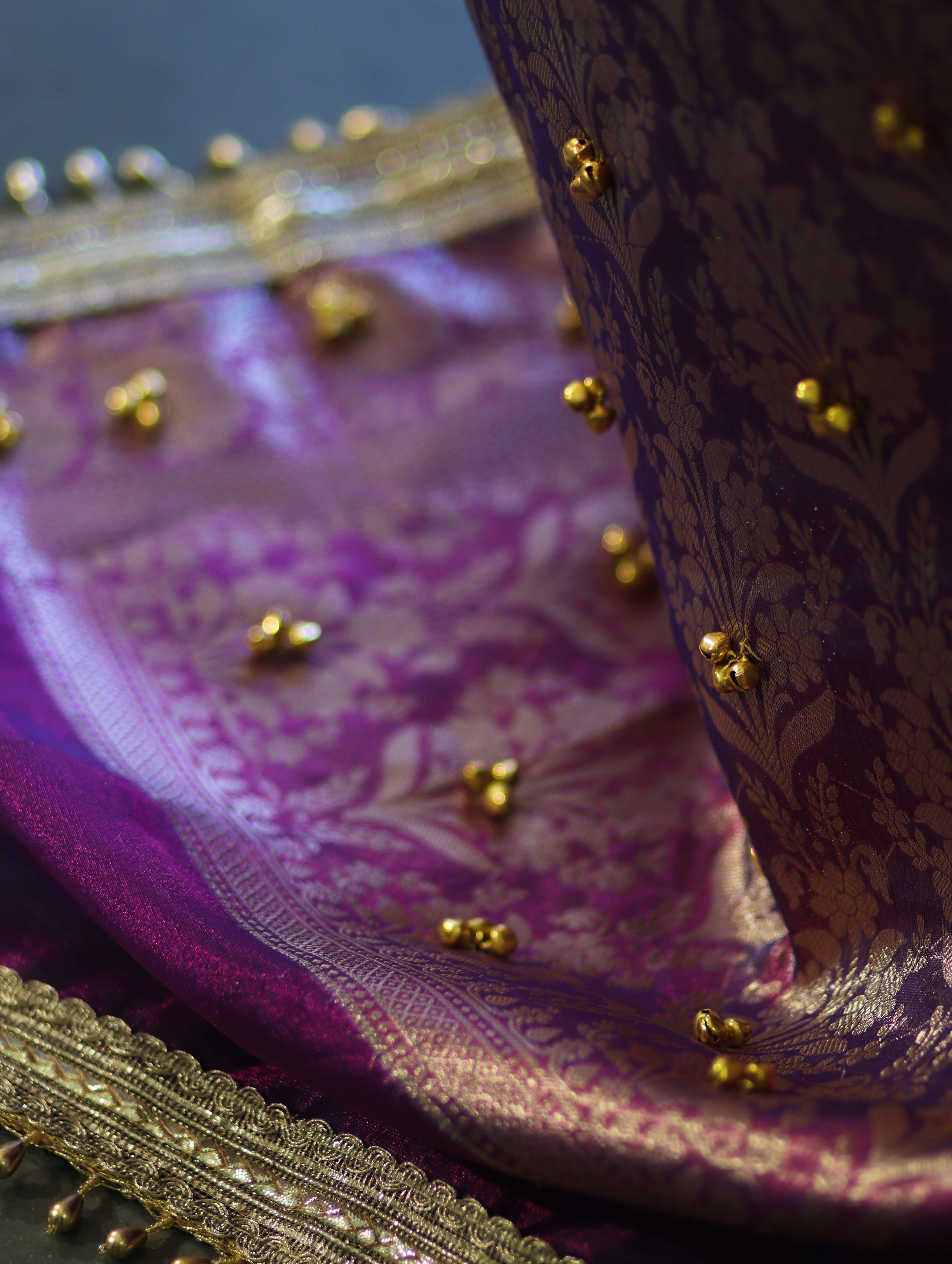 Banarasee Handwoven Tissue Saree With Embroidered Ghungroo Work-Violet
