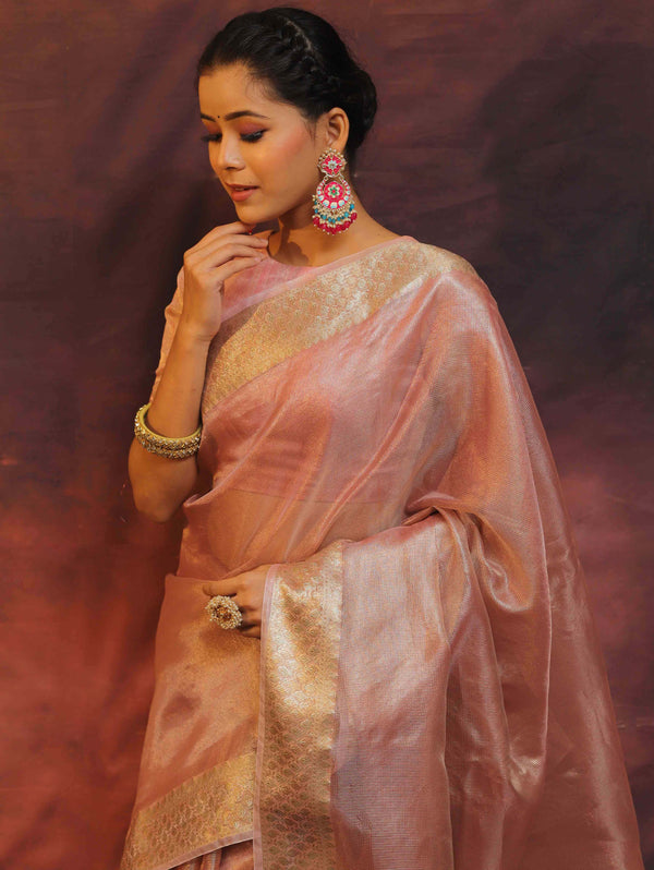 Banarasee Handwoven Plain Tissue Saree With Zari Border-Pink