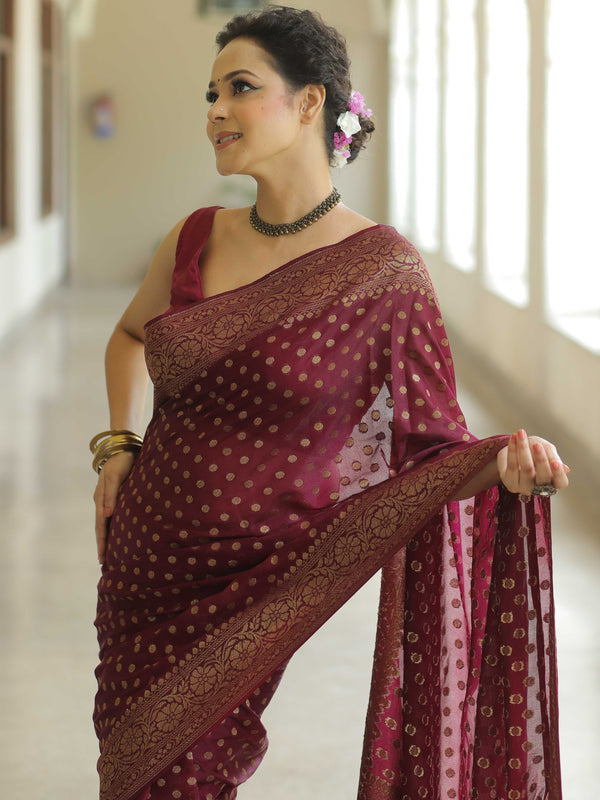 Banarasee Semi-Chiffon Saree With Antique Gold Zari Work-Maroon