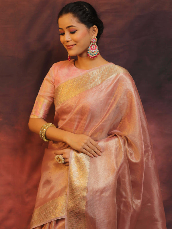 Banarasee Handwoven Plain Tissue Saree With Zari Border-Pink