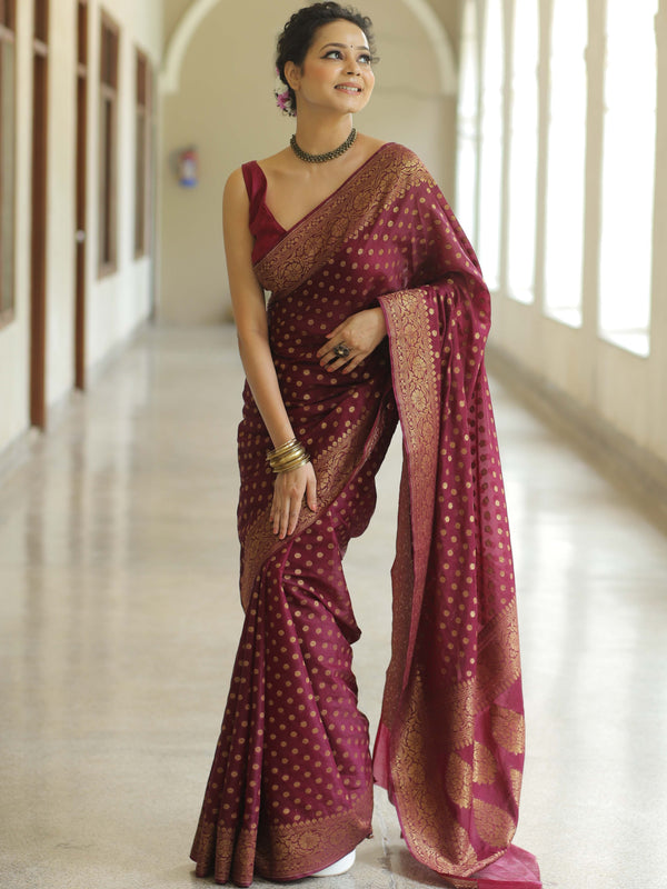 Banarasee Semi-Chiffon Saree With Antique Gold Zari Work-Maroon
