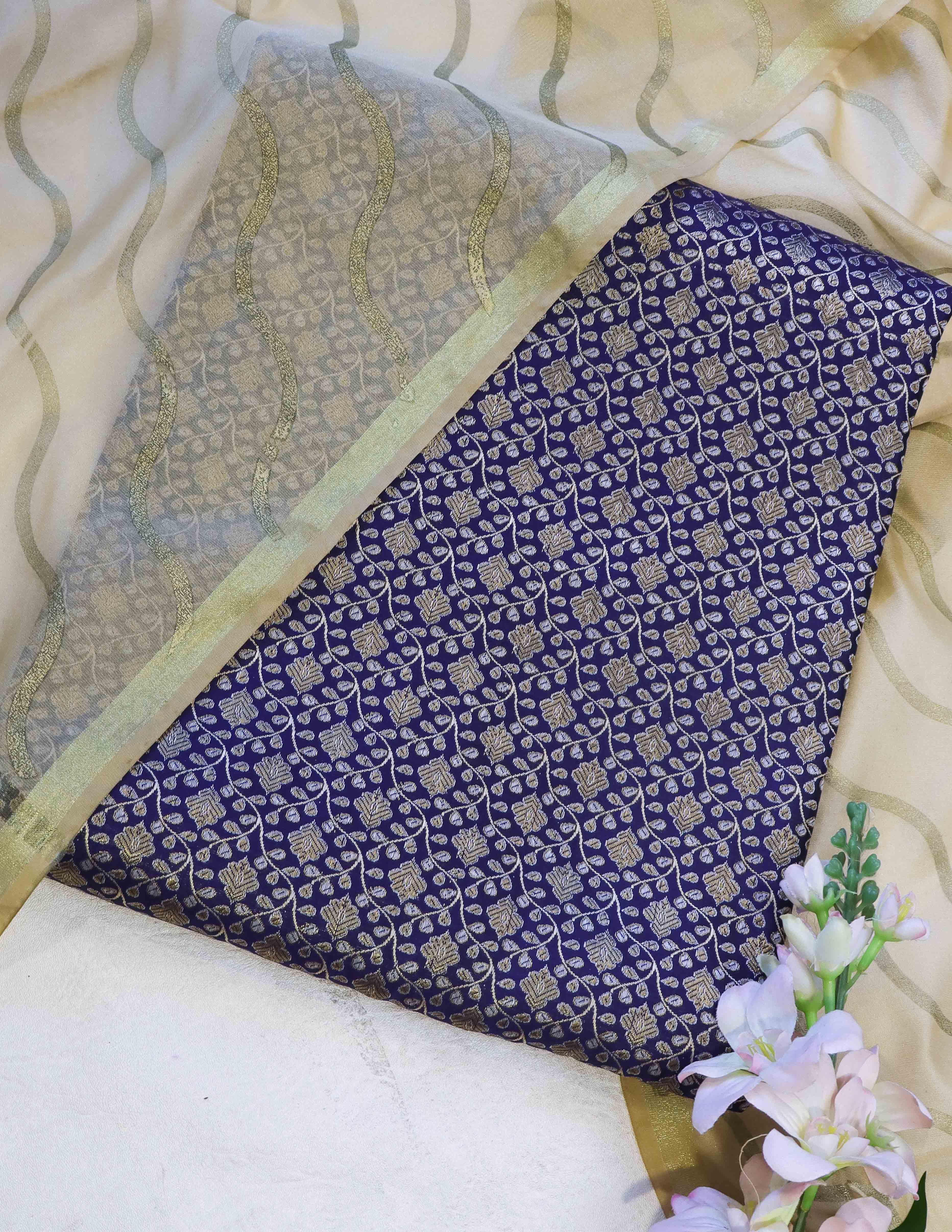 Banarasee Brocade Salwar Kameez Fabric With Contrast Dupatta-Navy Blue & Gold
