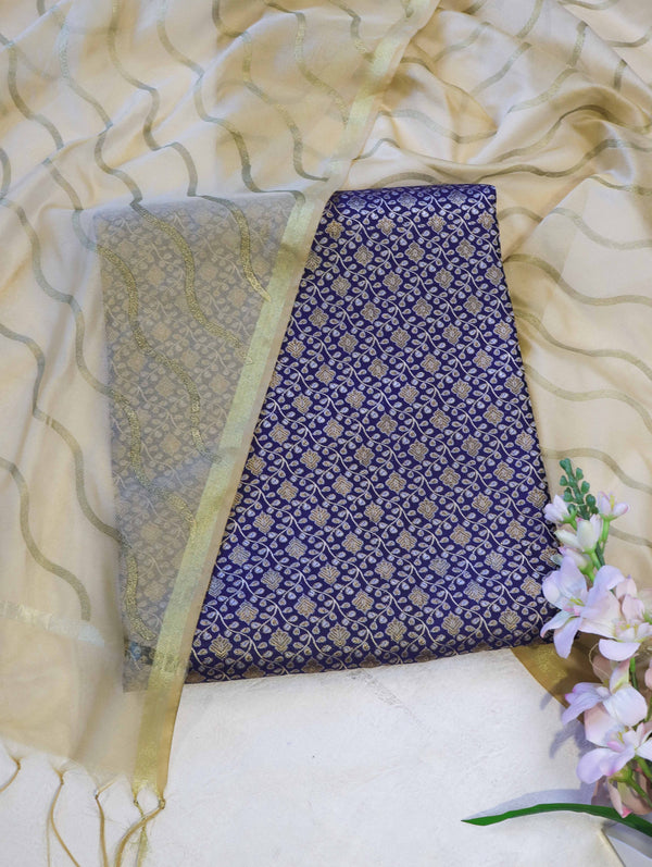 Banarasee Brocade Salwar Kameez Fabric With Contrast Dupatta-Navy Blue & Gold