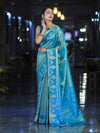 Banarasee Handloom Dual Tone Shimmer Silk Saree With Buti Design & Temple Border-Blue (Gold Tone)