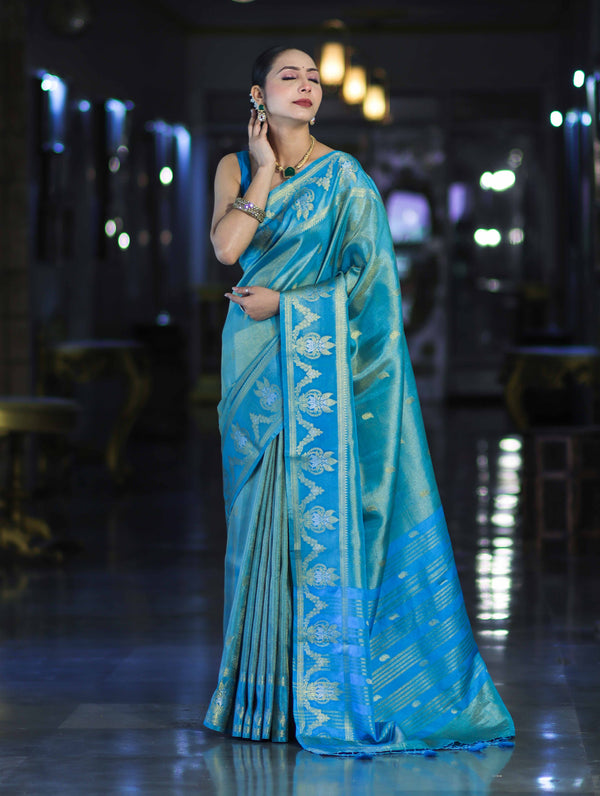 Banarasee Handloom Dual Tone Shimmer Silk Saree With Buti Design & Temple Border-Blue (Gold Tone)