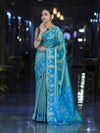 Banarasee Handloom Dual Tone Shimmer Silk Saree With Buti Design & Temple Border-Blue (Gold Tone)