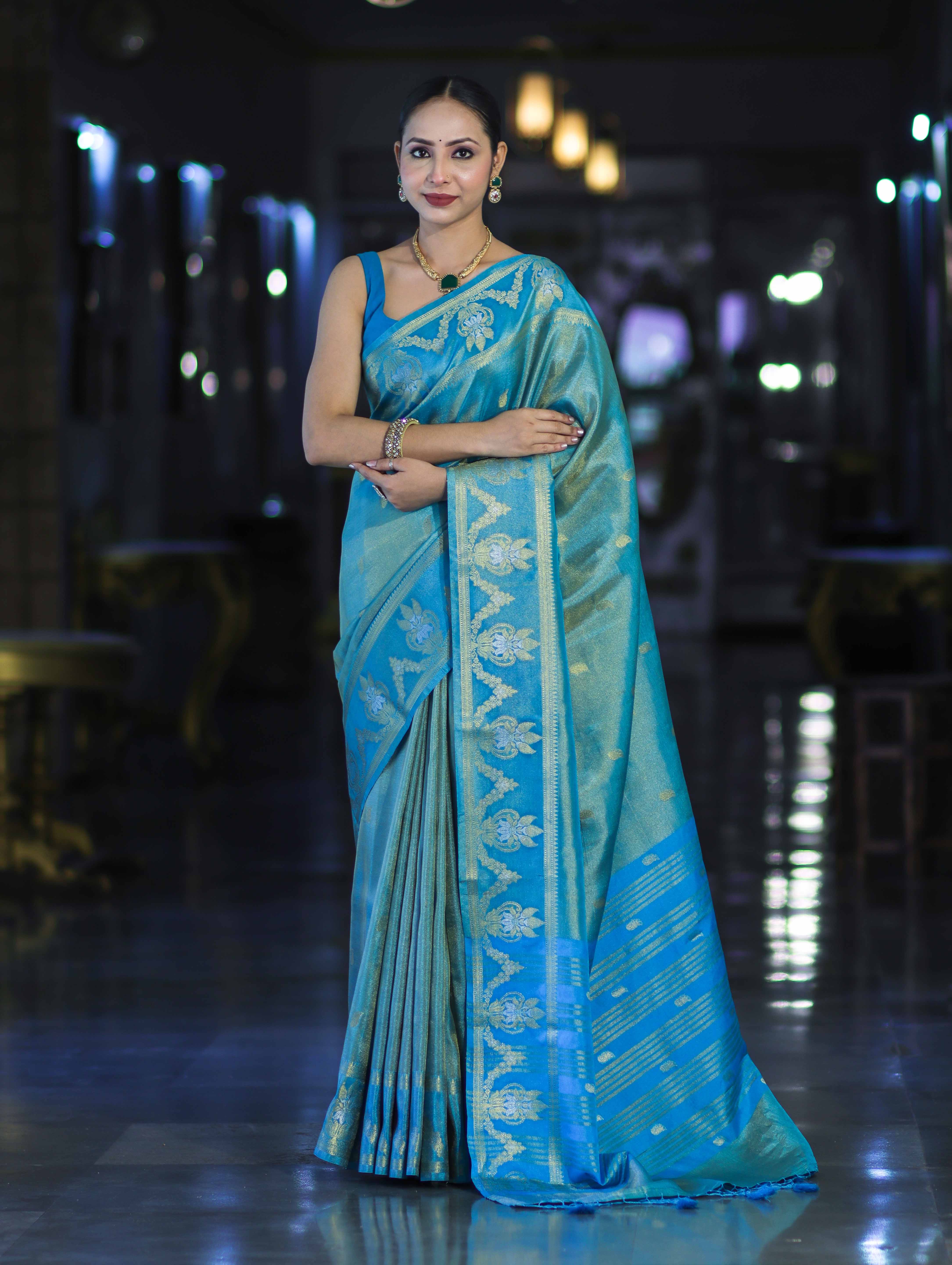 Banarasee Handloom Dual Tone Shimmer Silk Saree With Buti Design & Temple Border-Blue (Gold Tone)