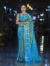 Banarasee Handloom Dual Tone Shimmer Silk Saree With Buti Design & Temple Border-Blue (Gold Tone)