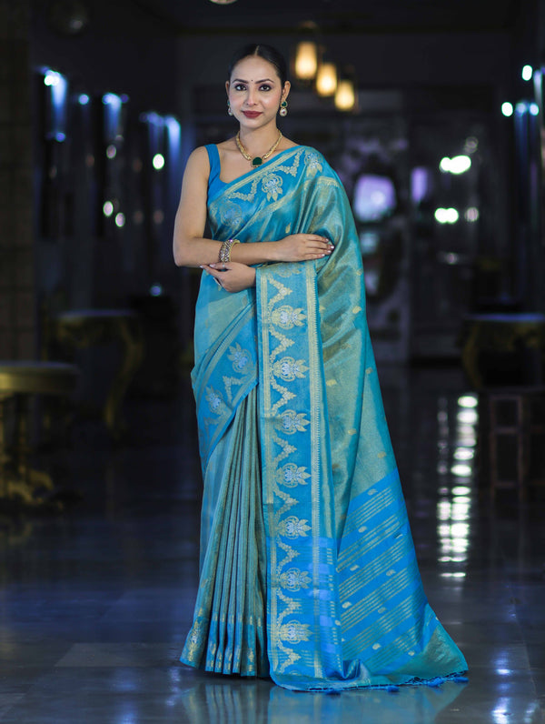 Banarasee Handloom Dual Tone Shimmer Silk Saree With Buti Design & Temple Border-Blue (Gold Tone)
