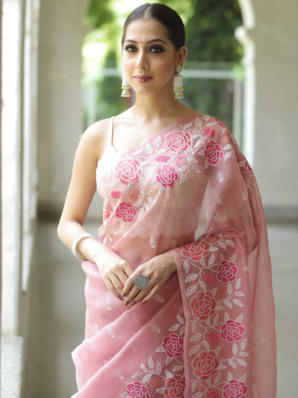 Banarasee Pure Organza Silk Saree With Floral Resham Embroidery-Pink