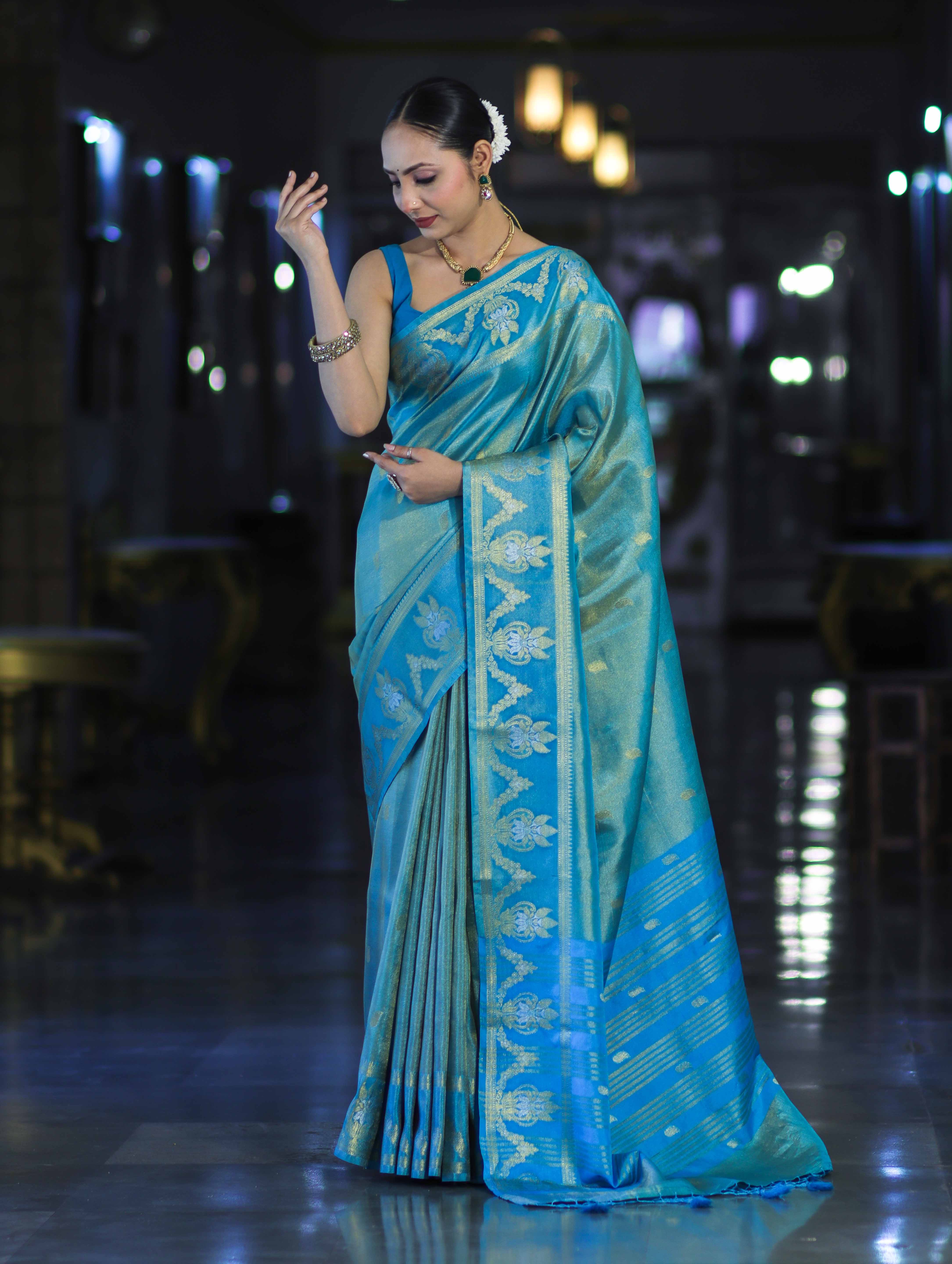 Banarasee Handloom Dual Tone Shimmer Silk Saree With Buti Design & Temple Border-Blue (Gold Tone)
