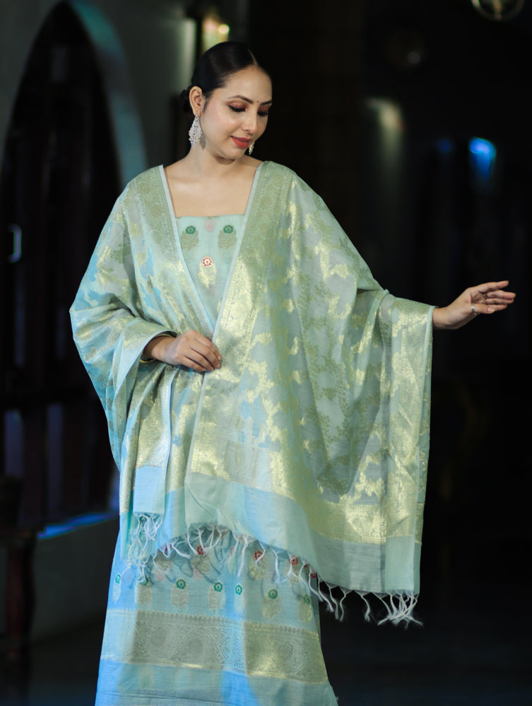 Banarasee Cotton Silk Zari Work Salwar Kameez Fabric With Jaal Design Dupatta Set-Dusty Green