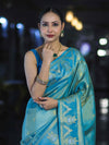 Banarasee Handloom Dual Tone Shimmer Silk Saree With Buti Design & Temple Border-Blue (Gold Tone)