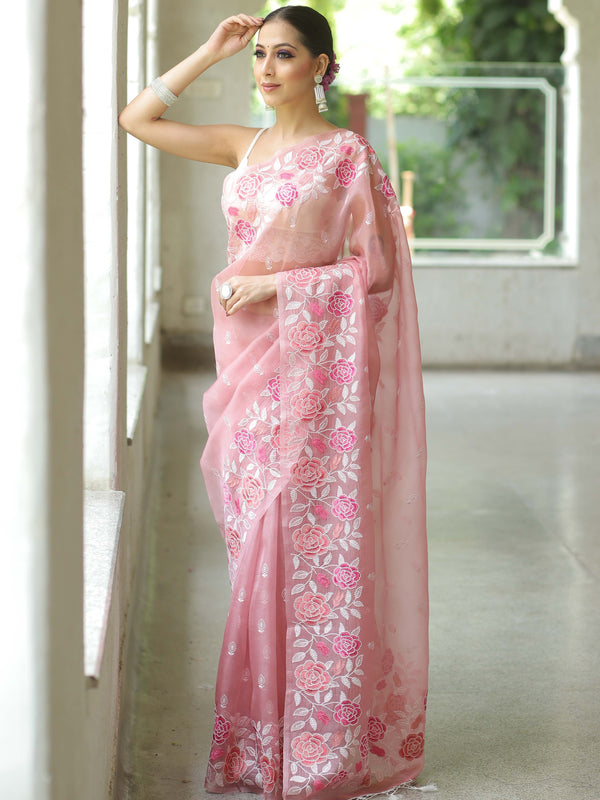 Banarasee Pure Organza Silk Saree With Floral Resham Embroidery-Pink