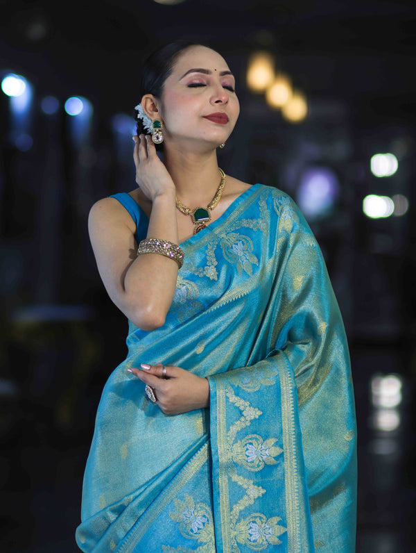 Banarasee Handloom Dual Tone Shimmer Silk Saree With Buti Design & Temple Border-Blue (Gold Tone)