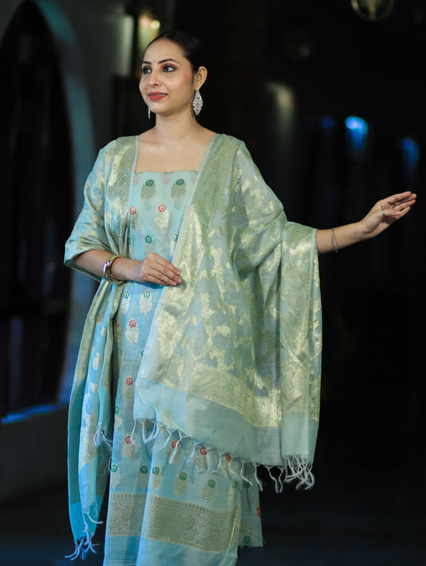 Banarasee Cotton Silk Zari Work Salwar Kameez Fabric With Jaal Design Dupatta Set-Dusty Green