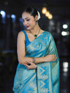 Banarasee Handloom Dual Tone Shimmer Silk Saree With Buti Design & Temple Border-Blue (Gold Tone)