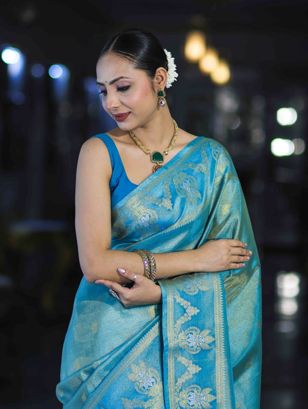 Banarasee Handloom Dual Tone Shimmer Silk Saree With Buti Design & Temple Border-Blue (Gold Tone)