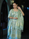 Banarasee Cotton Silk Zari Work Salwar Kameez Fabric With Jaal Design Dupatta Set-Dusty Green