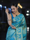 Banarasee Handloom Dual Tone Shimmer Silk Saree With Buti Design & Temple Border-Blue (Gold Tone)