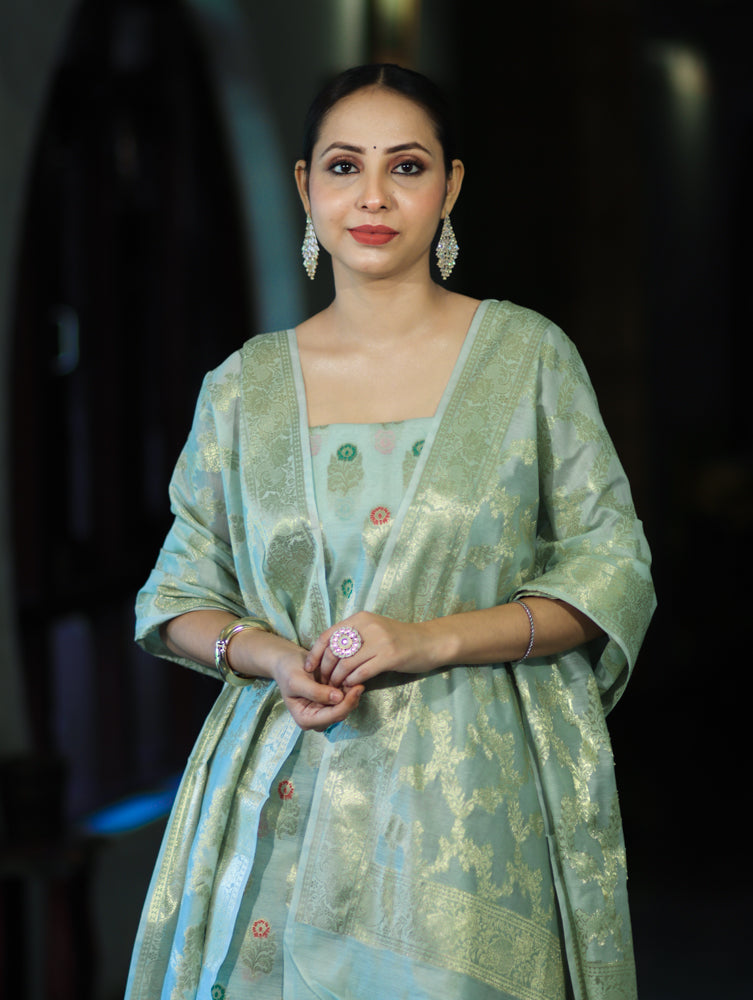 Banarasee Cotton Silk Zari Work Salwar Kameez Fabric With Jaal Design Dupatta Set-Dusty Green